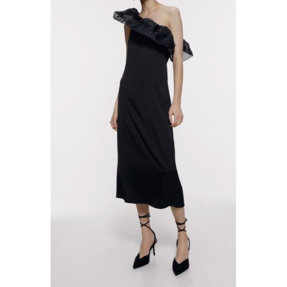 ZARA ORGANZA SATIN EFFECT‎ DRESS One Shoulder black sz S